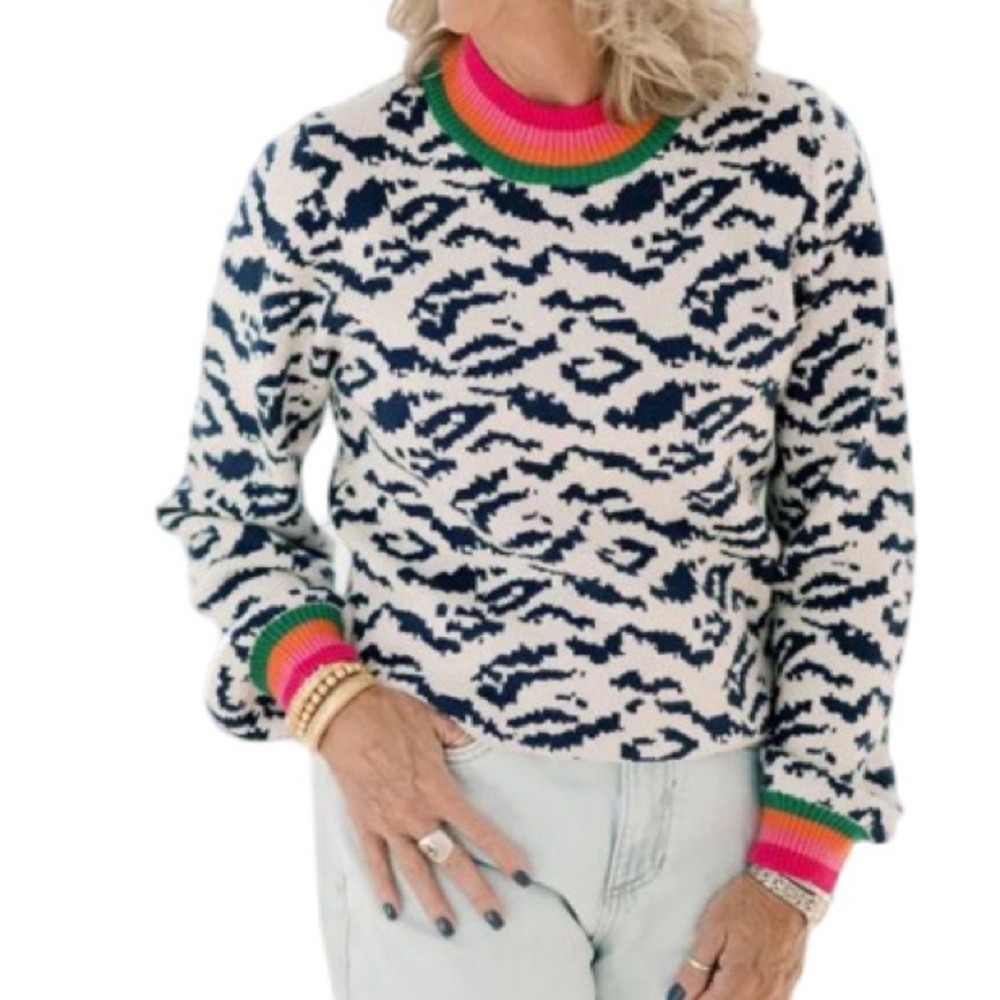 Anthropologie THML Navy Leopard Rainbow Stripe Sweater | XL | 🐆✨🌈